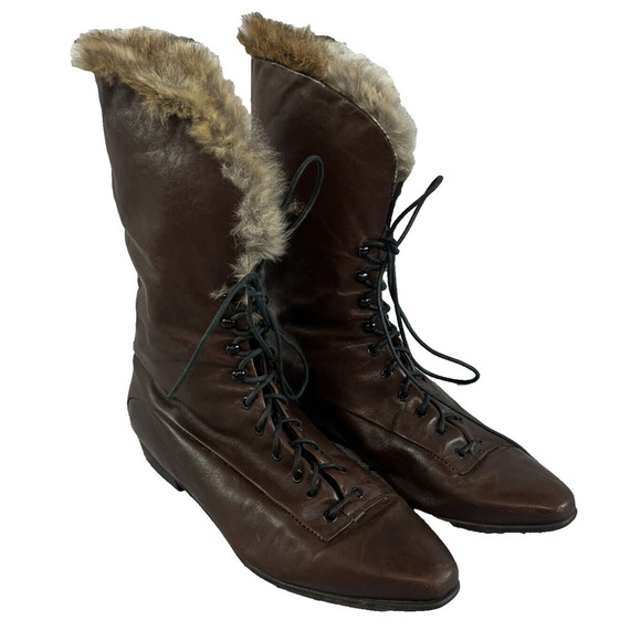 Vintage Made In Italy Ladies Brown Leather Tie Up Ankle Boots w/ Fur size 8 N - Picture 1 of 16